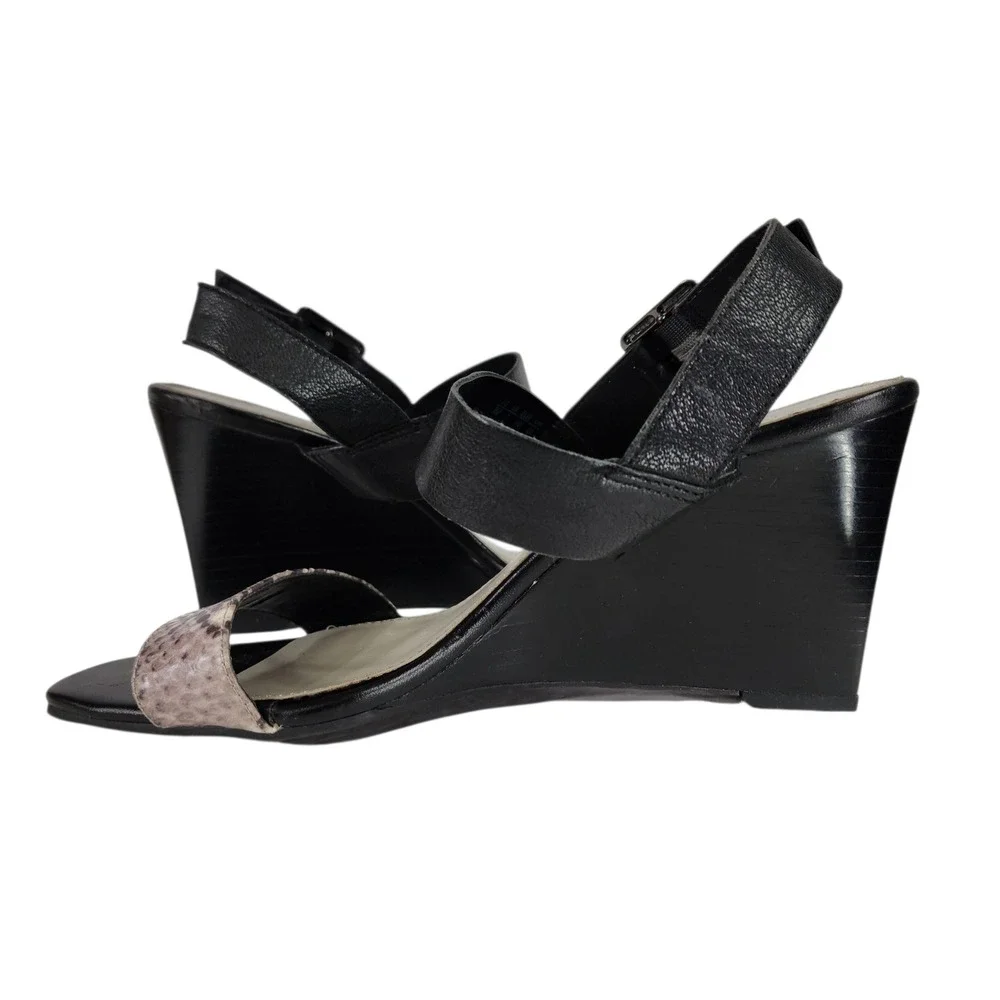 Franco Sarto Hooper Wedge Sandals 9 Black Snake Print Leather Ankle Strap Church